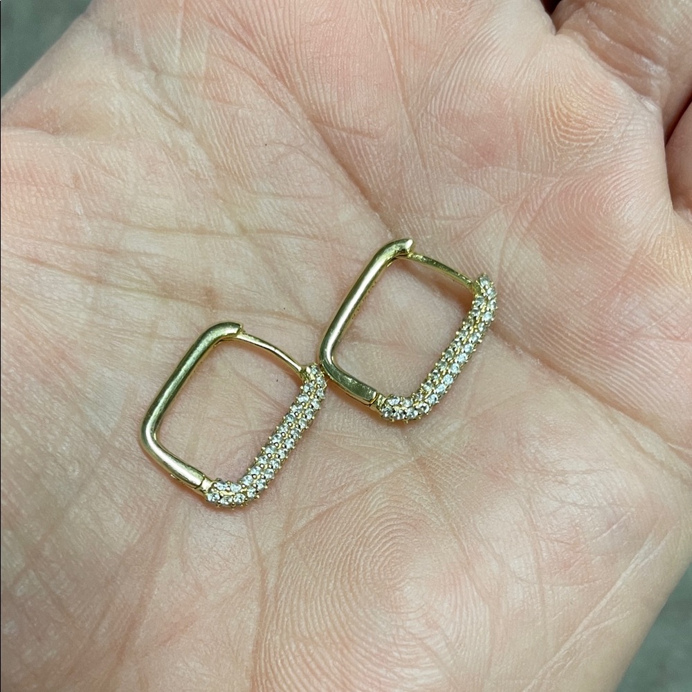 14k gold 925 Sterling diamond Square Hoop Earrings- new